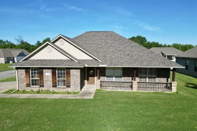 Aerial Drone View Single Story Home Charcoal Roof Replacement Nwa