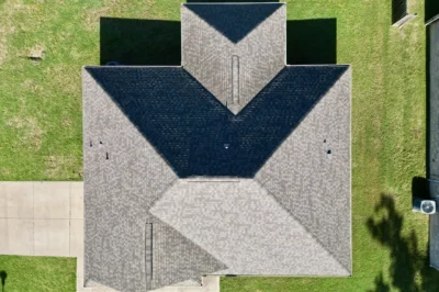 Geometric Roof Lines Overhead Drone River Valley