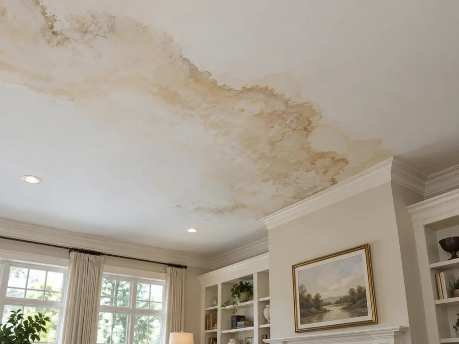 Large brown water stain spreading across a living room ceiling, a common sign of a roof leak
